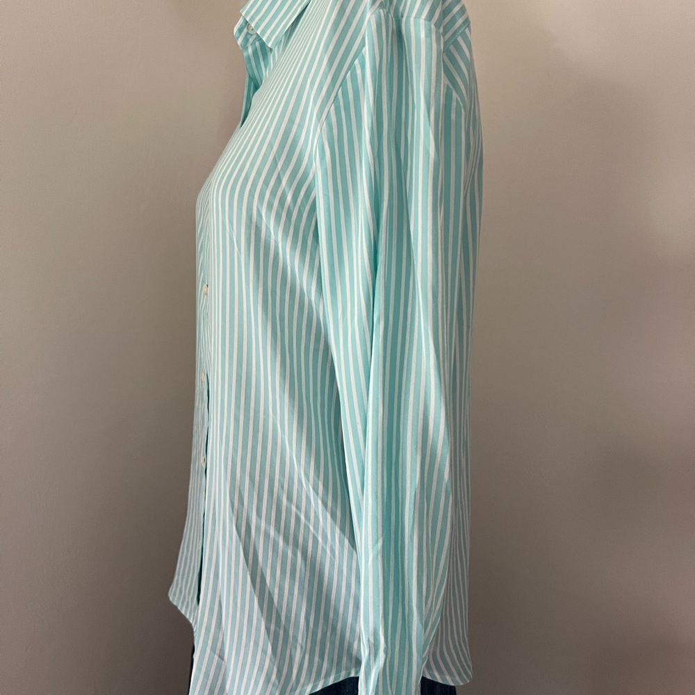 J. McLaughlin Teal and White Striped Sloane Shirt Silk Blend - Picture 9 of 11